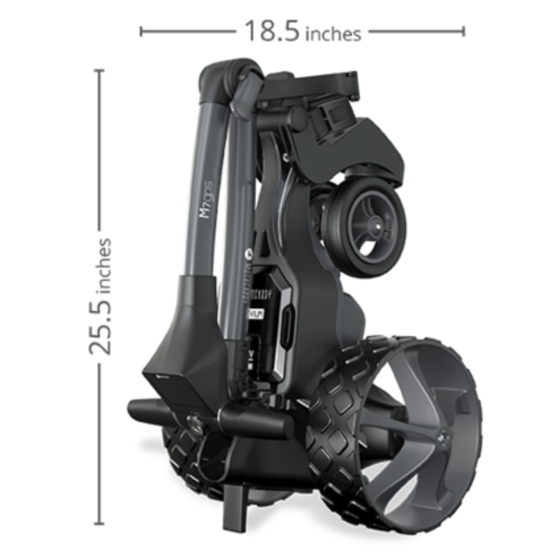 Motocaddy M7 GPS Electric Trolley folded and vertical with height and width