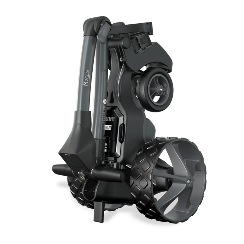 Motocaddy M7 GPS Electric Trolley folded and vertical